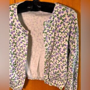 Cute White With Purple Flowers Cropped Cardigan